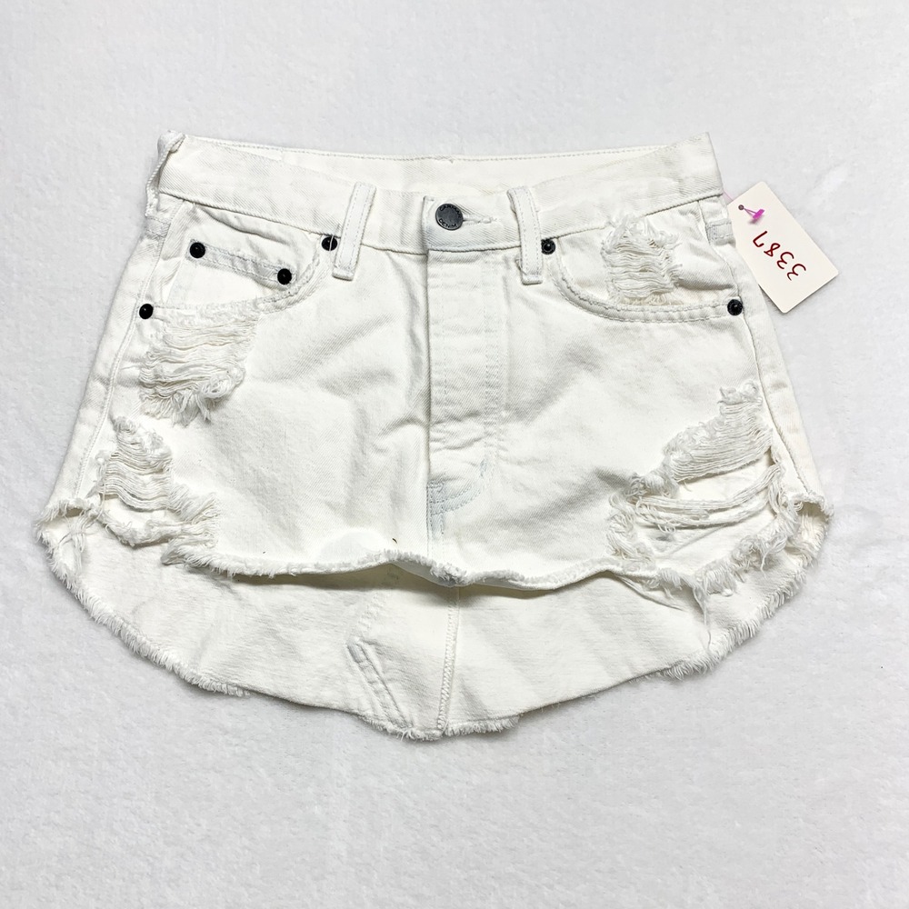 Carmar Distressed High Low Denim Mini Skirt Womens Size 23 White Shredded Cotton